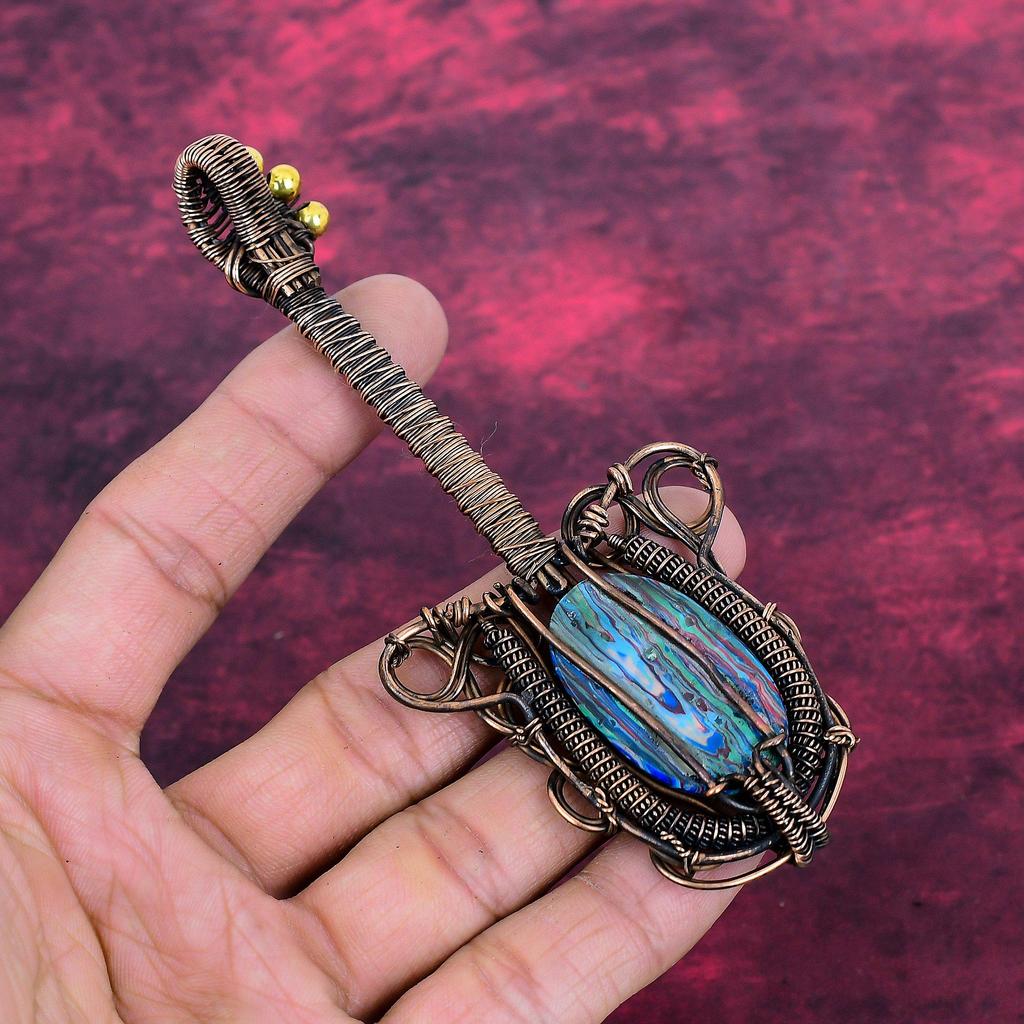 Rainbow Calsilica Gemstone Pendant Guitar Pendant Copper Wire Wrapped Jewelry