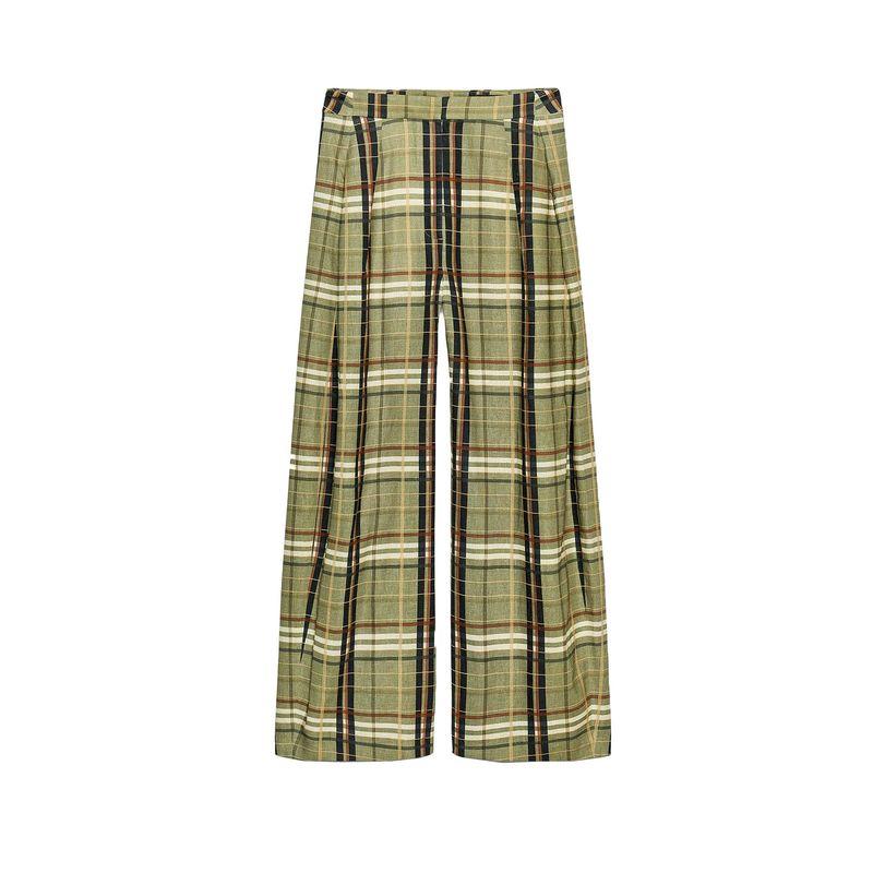 Summer New Product Women's Clothes Casual Air Outlet Pocket Decoration Linen Blend Gingham Mid-Waist Straight Pants 8371029