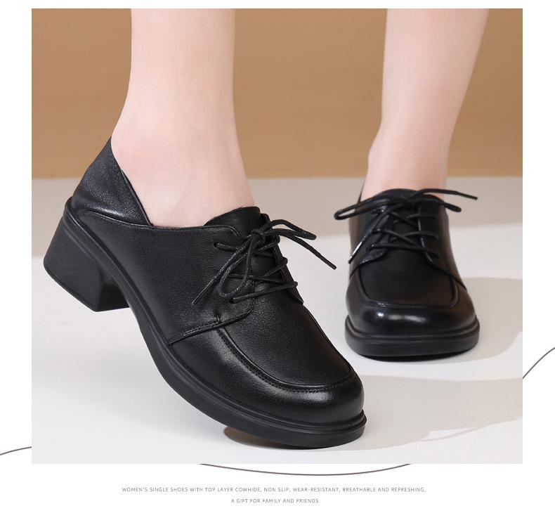 Genuine Leather Women's Chunky Heel Round Toe Shoes - Autumn Non-Slip & Comfortable Mom Shoes with Soft Mid Sole