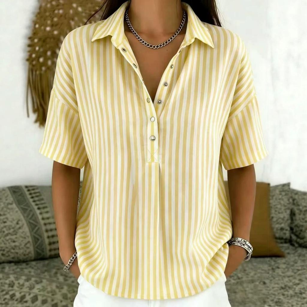 Women Striped Collared Button Down Short Sleeve Loose Fit Casual Top Lightweight Blouse for Everyday Wear Office School Travel