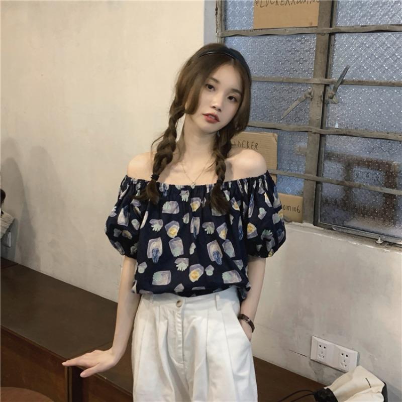 Chiffon floral top age-reducing girl short-sleeved Korean version summer one-word shoulder top bubble sleeve new foreign French style