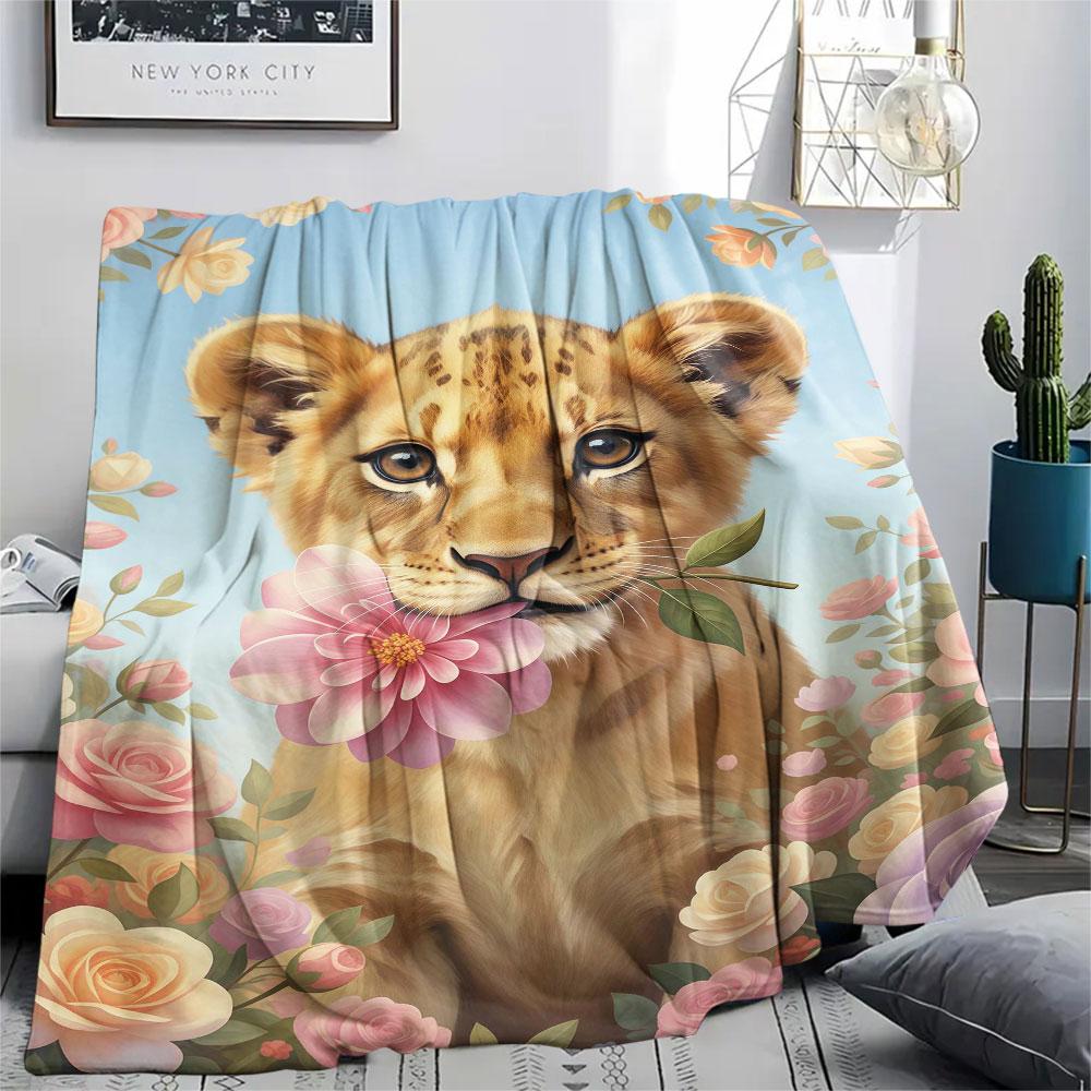 1Pc Cuteflowersanimals Print Flannel Blanket, High Quality Comfortable for All Seasons, Home Decor, Warmth and Comfort, Perfect for Christmas Gifts
