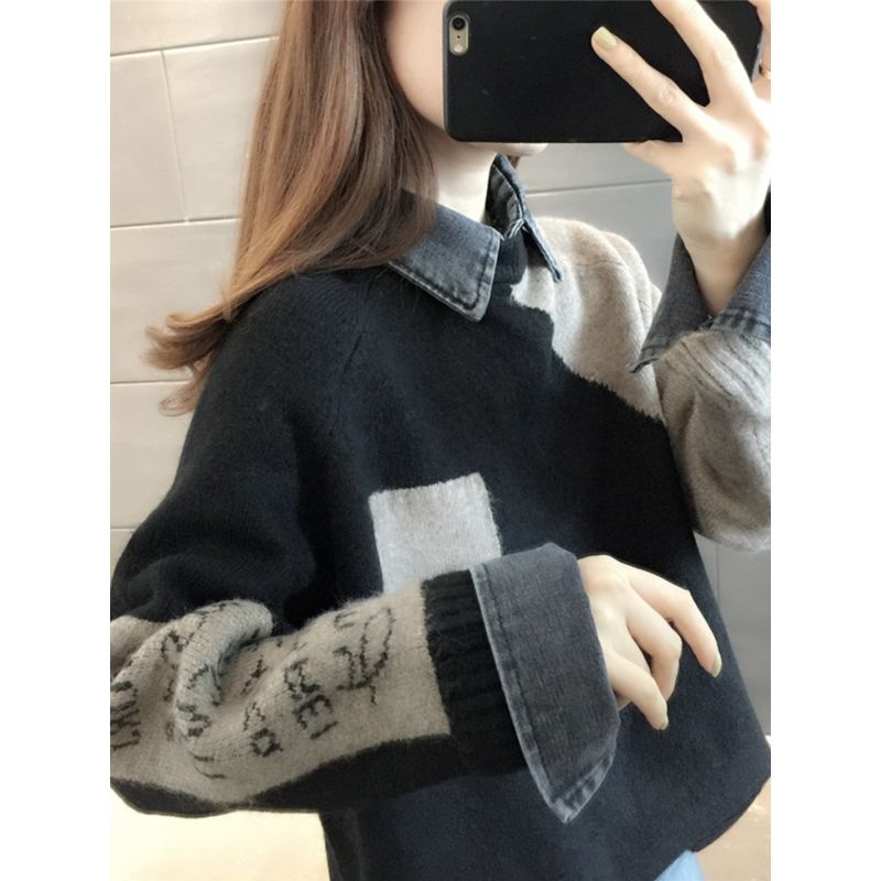 

Fake Two Pieces Sweaters Female Autumn and Winter High School Junior High School Student 15 Years Old 12 Youth 13 Fleece-lined Thickened Base Knitwear Black(165cm inner wear) XL([60.00 kg-63.00 kg]])