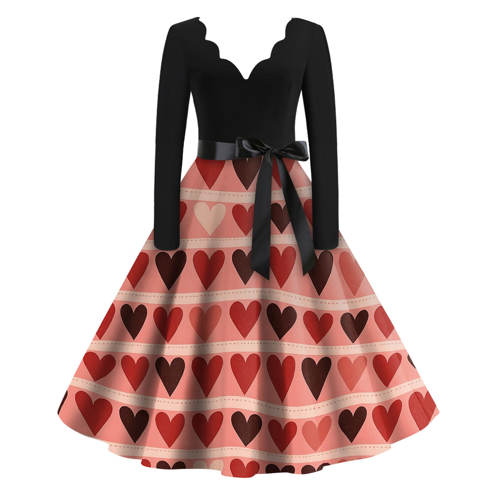 

Женское повседневное модное платье с принтом на День святого Валентина, с V-образным вырезом, в стиле ретро, с длинным рукавом XL арбуз красный