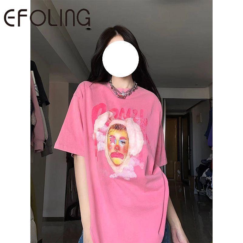 

Pure Cotton American Street Retro Fun Printed T-shirt Women s Loose New Spring and Summer Korean Style Short-sleeved 2XL рожевий