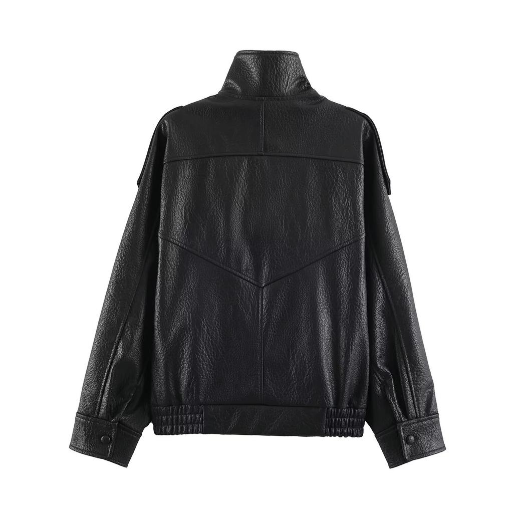 2026 Summer New Arrival: European and American Cross-border Women's Street Fashion Stand Collar Faux Leather Jacket W025 12548