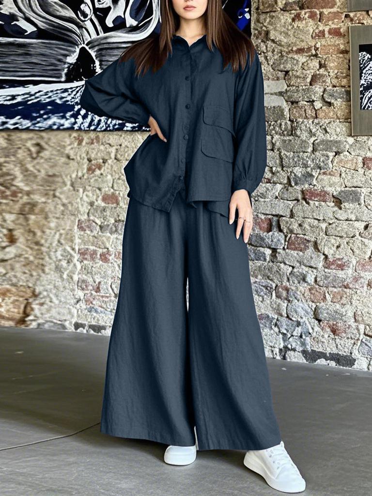 Women's Long Sleeve Button Front Shirt and Wide Leg Pants Set in 7 Colors