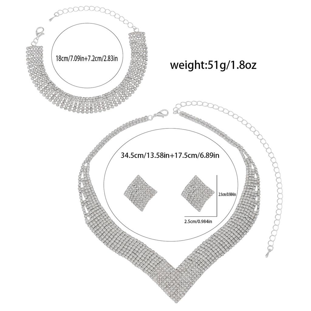 Atmospheric Rhinestones, Silver-plated Bride Jewelry, Necklace, Stud Earrings, Bracelet Set, Dress Accessories.