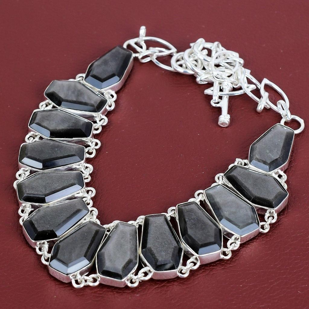 Faceted Silver Sheen Obsidian Necklace 925 Sterling Silver Necklace Adjustable Chain Necklace Handmade Jewelry Gemstone Necklace for Gifts