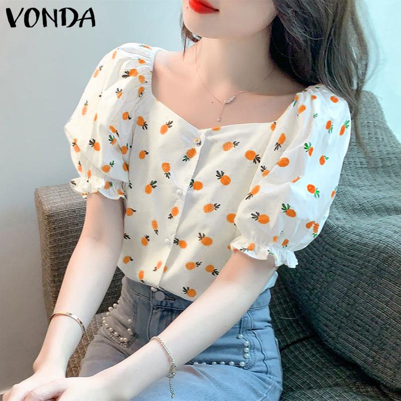 

VONDA Printing Женские топы с квадратным воротником и пухами с короткими рукавами