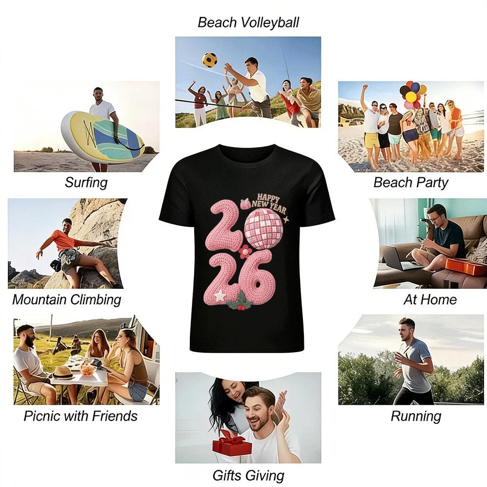 2026 New Year Limited Knit Style Pink Number Print Casual Top Pure cotton T-shirt