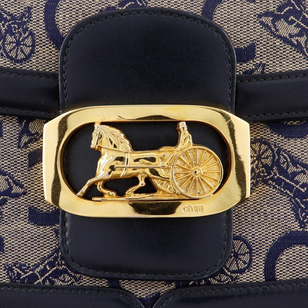 CELINE Old Celine Shoulder Bag Macadam Horse Hardware vintage Navy blue canvas/leather Women Used