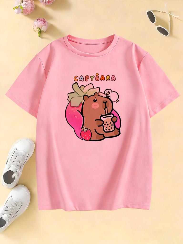 Childrens Tshirt Cute Capybara Drinking Milk Tea Printed T Shirts Short Sleeve Kids Boys Girls Summer Casual Top Tee Clothes