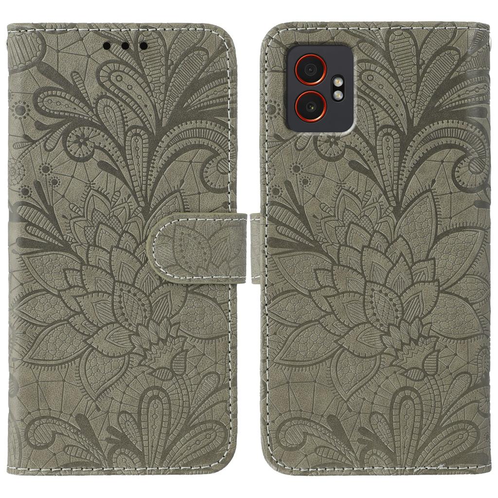 For Samsung Galaxy XCover7 Pro Case Lace Flowers PU Leather Flip Wallet Phone Cover with Wrist Strap