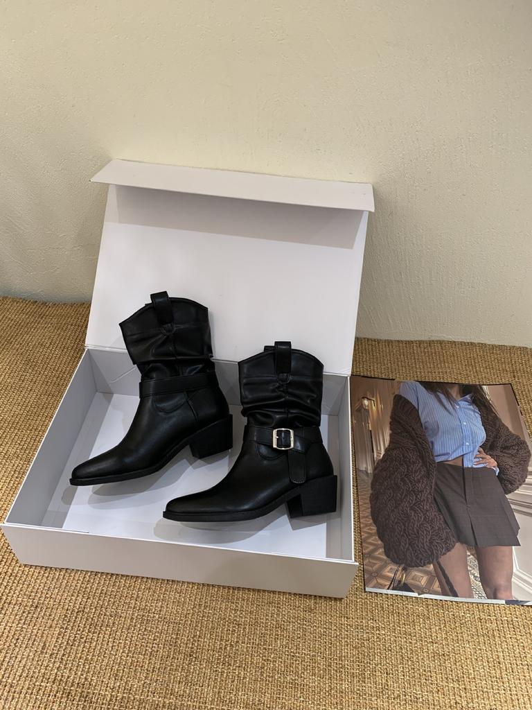 Mid-heeled Boots Retro Stacking Boots V-mouth Martin Boots Women's Shoes 2025 Autumn and Winter New Small Square Head Western Boots Short Boots