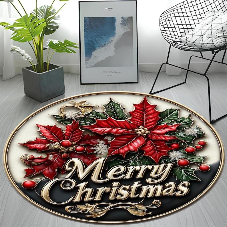 

Merry Christmas Round Rug, Colorful Xmas Noel Gift Mat, Holiday Decoration Carpet for Living Room, Non-Slip Festive Home Decor Diameter 100cm
