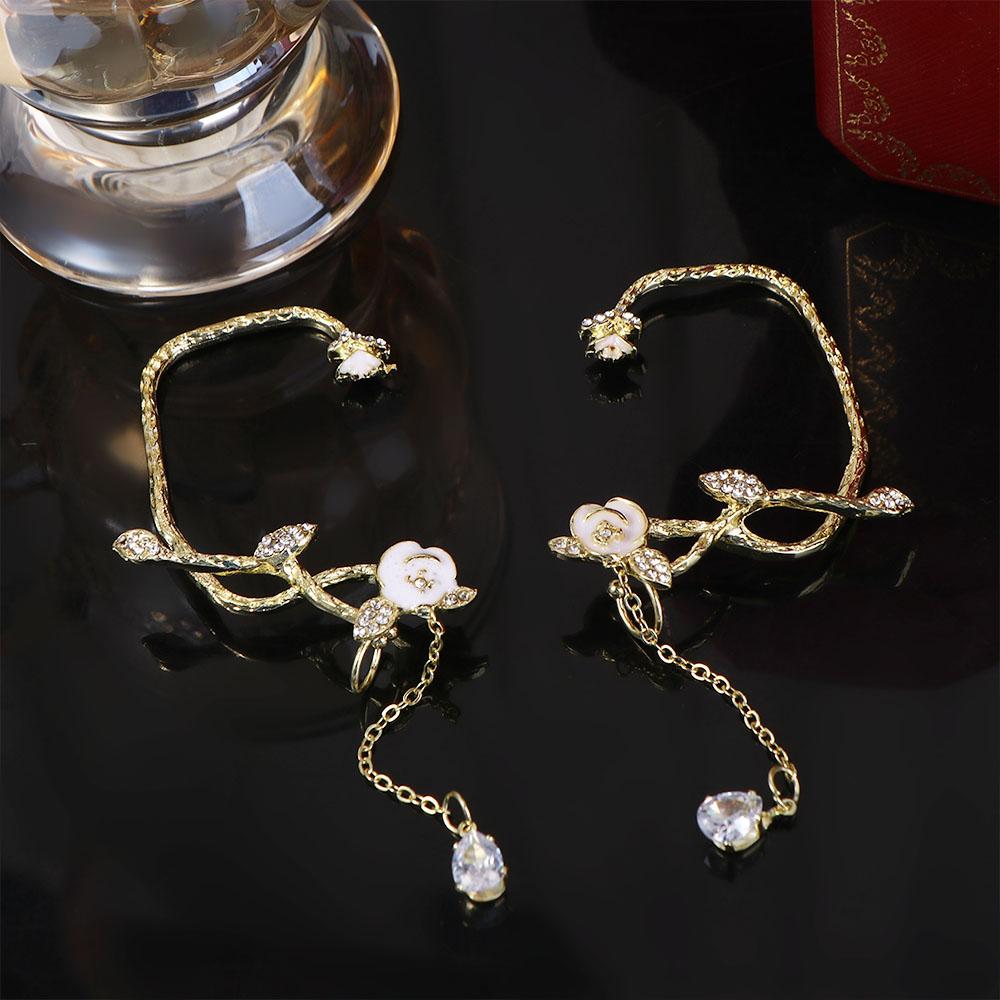 

Long Chain Zircon Women Ear Cuff Korean Style Ear Clip Fashion Jewelry Rose Flower Clip Earring