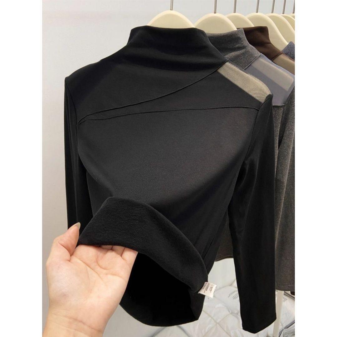 

Plus Size Velvet Mesh Patchwork Stand Collar Long Sleeve Top for Women - Autumn/Winter Slimming Base Layer. 2XL (Recommended 70-80 kg) чёрный