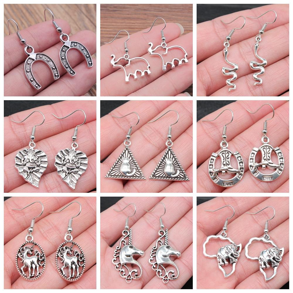 50 Styles Animal Pendant Dangle Earrings Drop Earrings Antique Silver Color Plated Unicorn Horse Elephant Snake Tiger Earrings