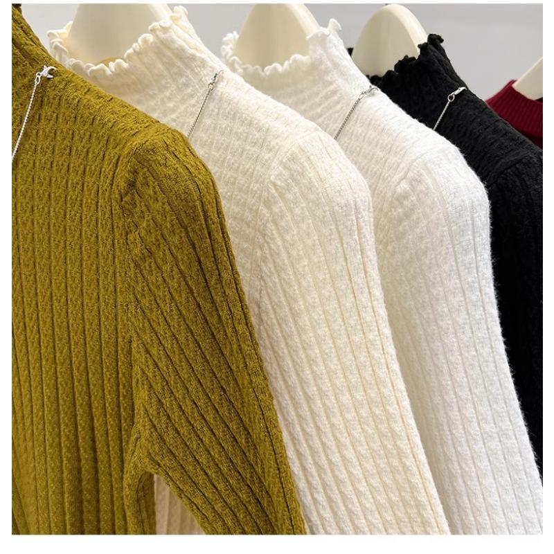 Autumn Winter Semi Turtleneck Knitted Pullover Women Sweater Casual Simple Bottoming Shirt Office Basic Pleated Solid Color Tops New Woman Clothing