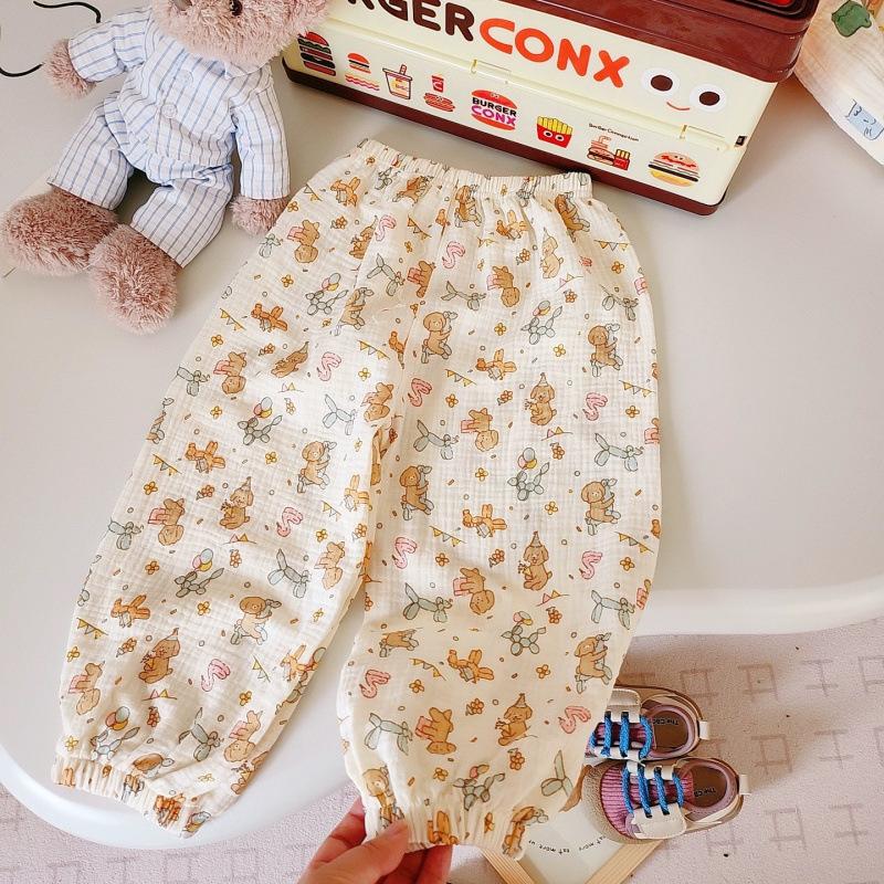 Kids Summer Cotton Double Layer Gauze Mosquito Pants Boys Girls Cartoon Breathable Thin Air Conditioning Casual Trousers