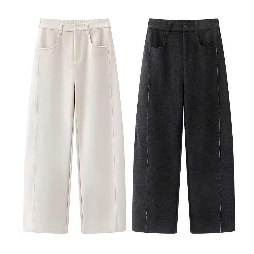 

2025 Winter Wool-Acetate Contrast Stitching Commuter Straight Wide-Leg Pants Extra Large