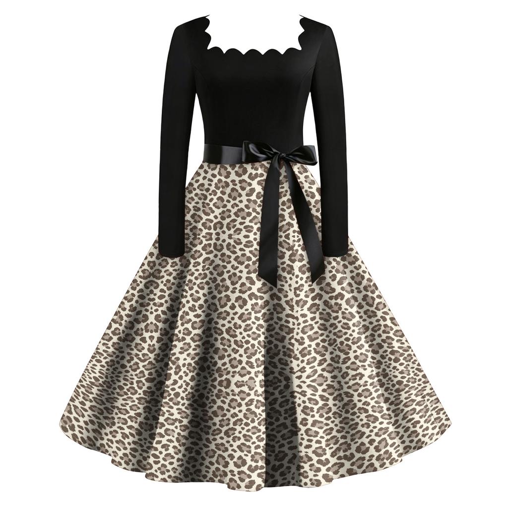 Women's Casual Vintage Leopard Print Long Sleeve Round Neck Dress