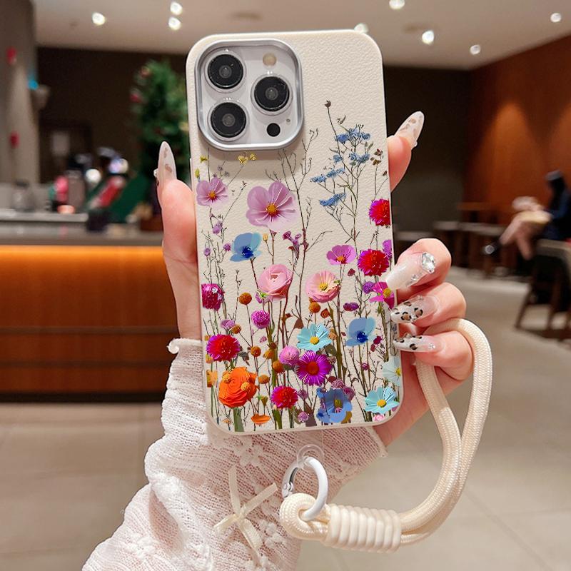 Husă mată rezistentă la șocuri, color trandafir, imprimeu floral, pentru iPhone 16 Pro Max 15 14 Pro 13 12 11, cu șnur moale, protecție pentru lentile, husă subțire din piele cu textura pentru telefon