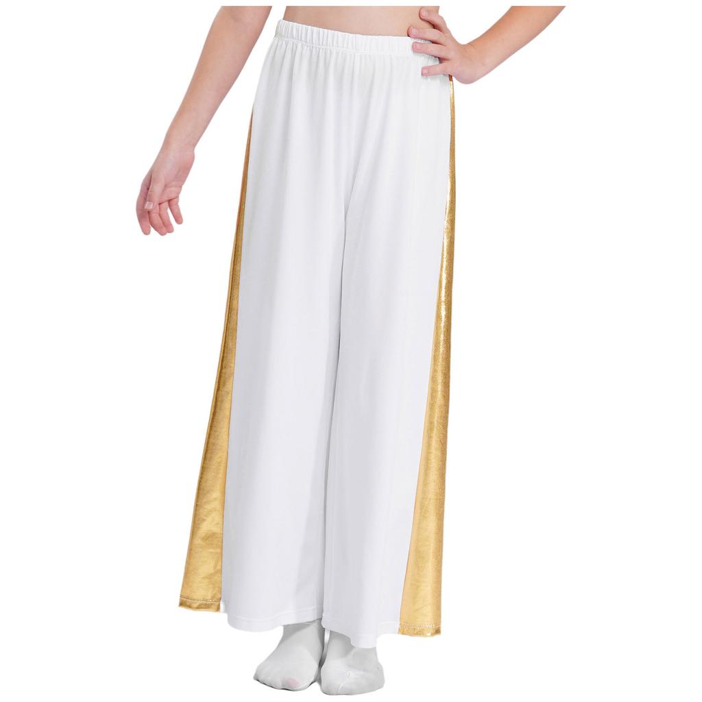 Girls Liturgical Dance Pants Metallic Patchwork Wide Leg High Waist Elastic Waistband Performance Trousers