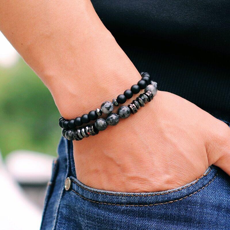 Novel 2 Pieces Men Bracelet Set 6mm 8mm Tiger Eyes Volcanic Rock Stone Beaded Braclet Luxury Zirconia Braslet Pulseria Hombre