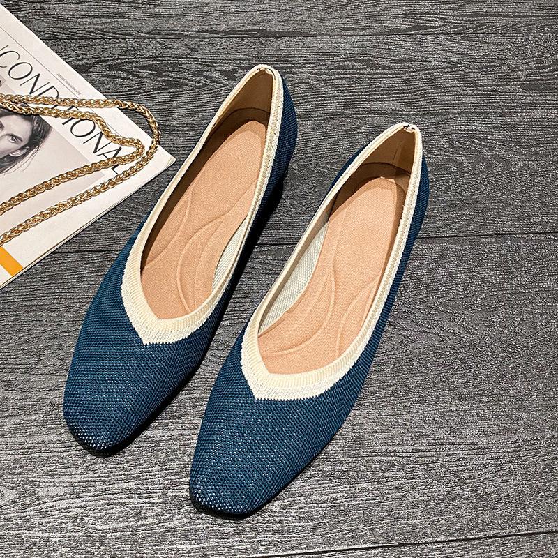 Frühling und Sommer Dicke Ferse Einzelne Schuhe Damen Quadratische Zehenpartie Flacher Ausschnitt Fliegendes Strickmuster Mittelhohe Ferse Temperament Strickmuster Damenschuhe Hohe Absätze