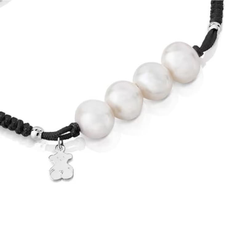 TOUS Pearls Black Cord, Silver and Pearl Bracelet /213031540