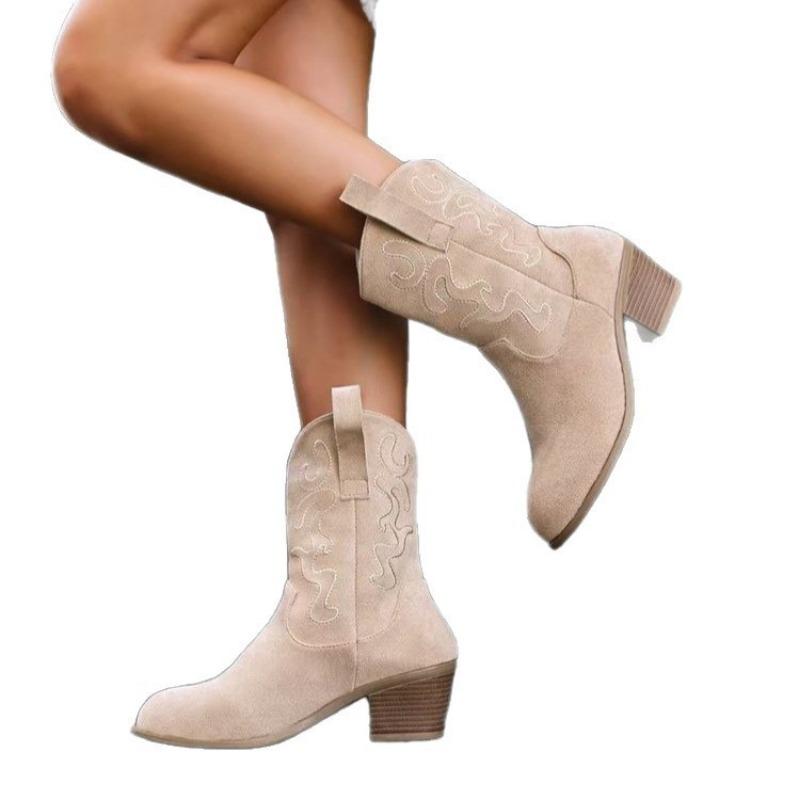 New Women's Boots Sleeve Middle Heel Fashion Boots Sleeve Embroidery Retro Medium Boots Women