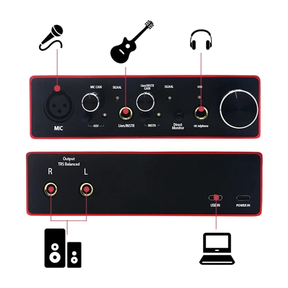 Interfejs audio usb x2 karta muzyczna 16bit 48v 23db 2vrms gitary dźwiękowy