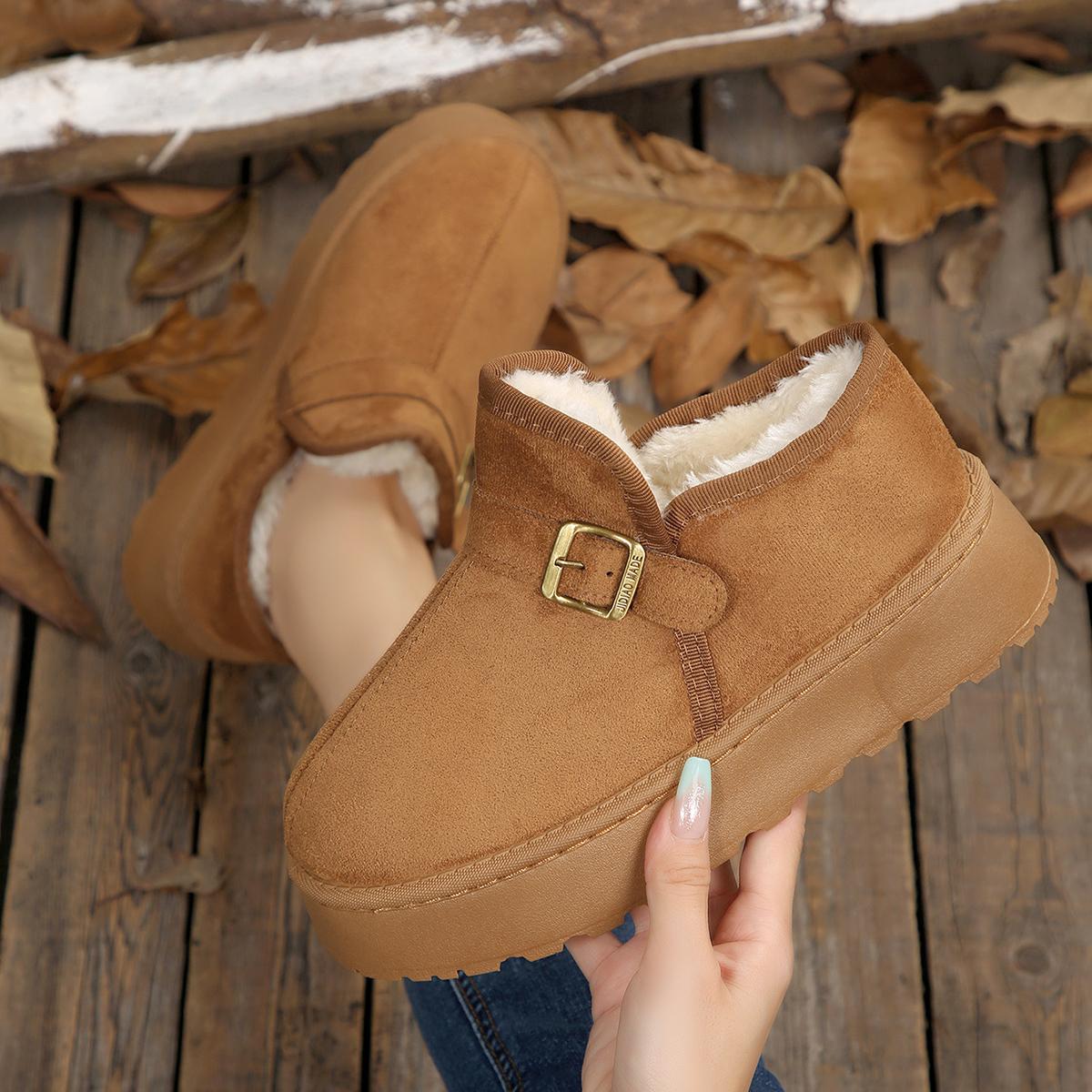 

Модные Удобные Зимние Сапоги на Толстой Подошве с Мехом Женские 2025 Зима Металлическая Пряжка Массивная Платформа Замшевые Ботильоны Теплая Плюшевая Хлопковая Обувь 43 коричневый