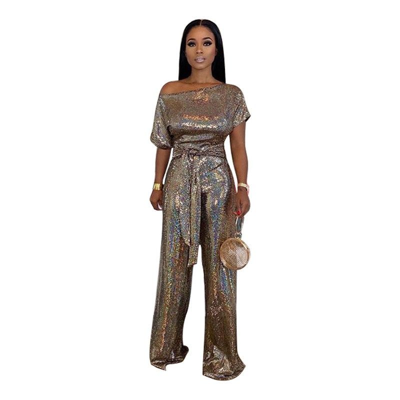

Fashion Women s Banquet Evening Dress Spring, Summer, Autumn New Slim-Fit Oblique Shoulder Colorful Laser Sequin One-Piece Pants Jumpsuit Golden Magic XL