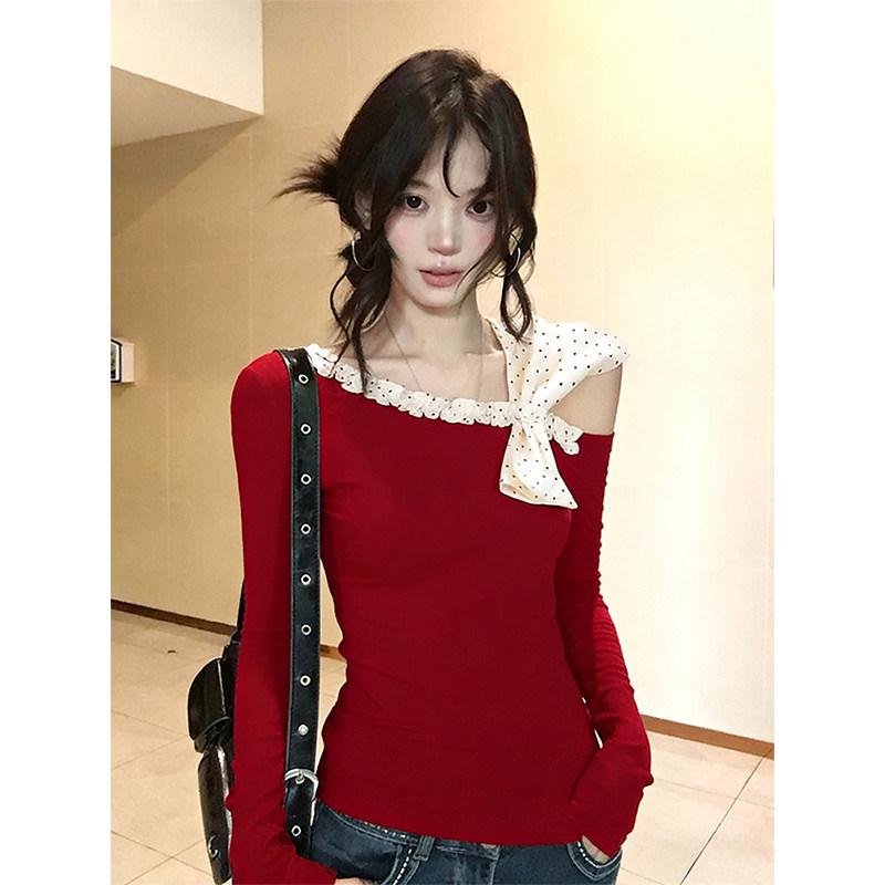 Women s Slim Fit One-Shoulder Polka Dot Bowknot Top - Chic Long Sleeve Base Layer S красный