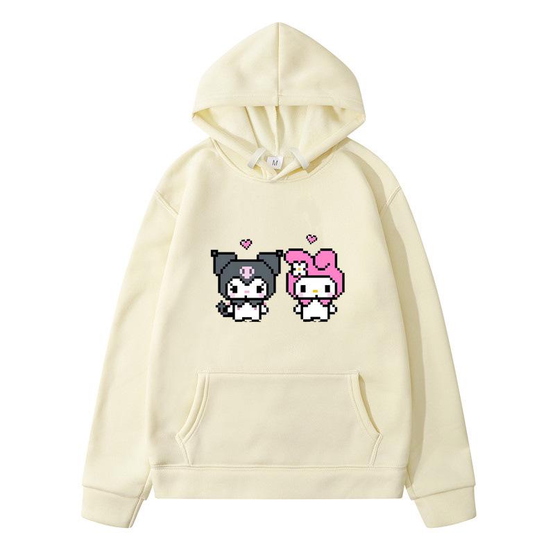 Pixel Art Hoodie – Unisex Yellow Pullover Sweatshirt, Cute Cartoon Characters & Heart Print, Casual Long Sleeve with Pocket