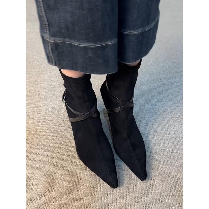 High Heel Rear Zipper Thin Boots Women'S Matte Belt Buckle Pointed Temperament Short Boots Retro Thin Heel Single Boots