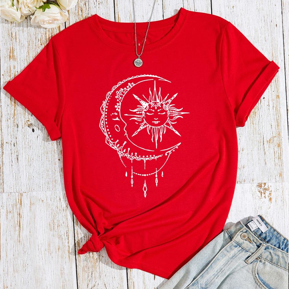 Moon and Sun Casual and Comfortable Pure Cotton Printed Women's Round Neck Short Sleeved T-shirt