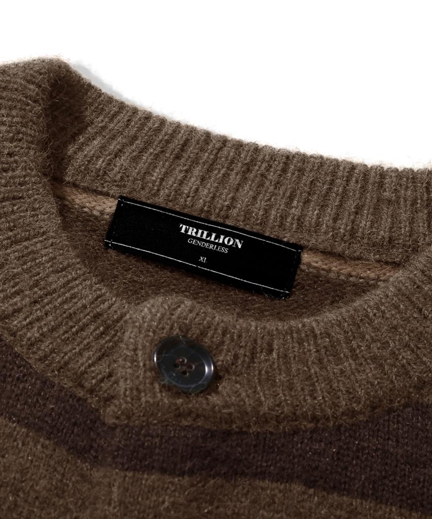 TRILLION Washable Hairy Striped Button Cardigan Knit_Brown