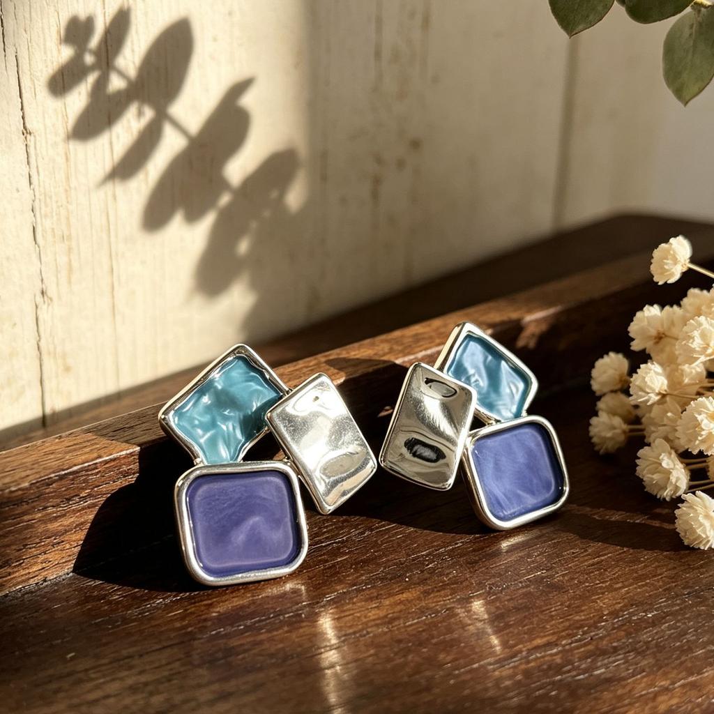 Explosive scattered splicing square hand-painted enamel color stud earrings, environmentally friendly alloy material, versatile light luxury earrings