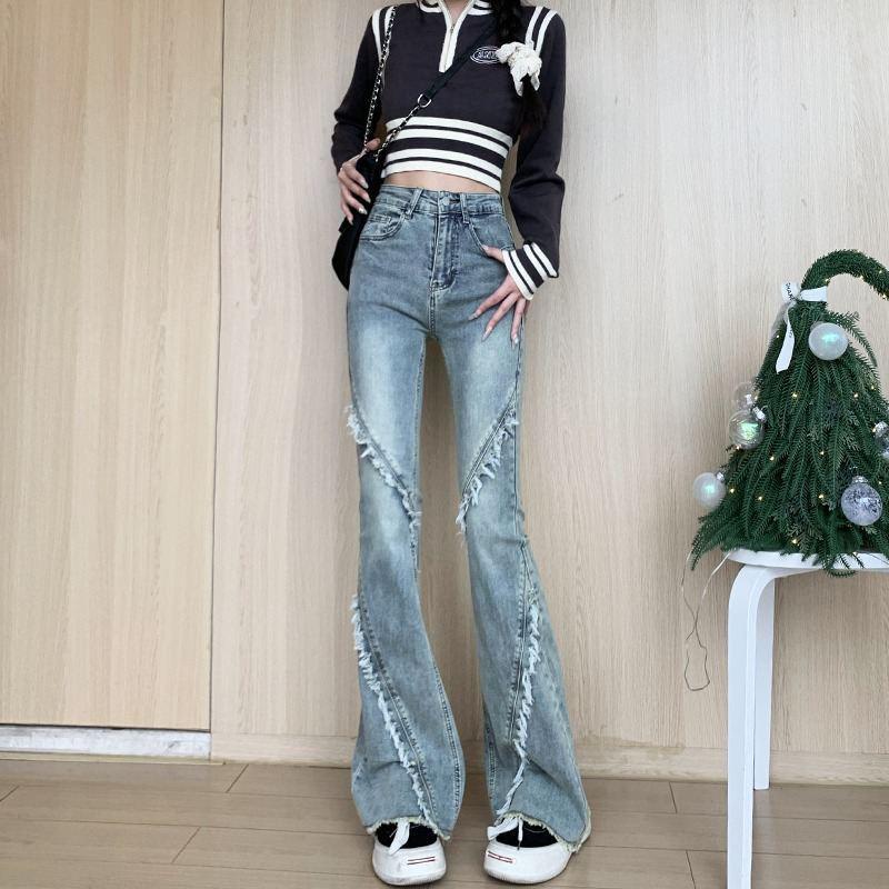 Vintage Pant Micro Denim Jeans for Women Spring and Autumn High-waisted Retro Stretch Splicing Slim Flare Trousers