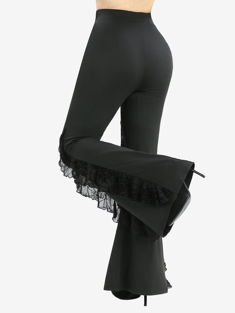 Rosegal Plus Size Spider Web Flocking Ruffles Lettuce Flare Pants