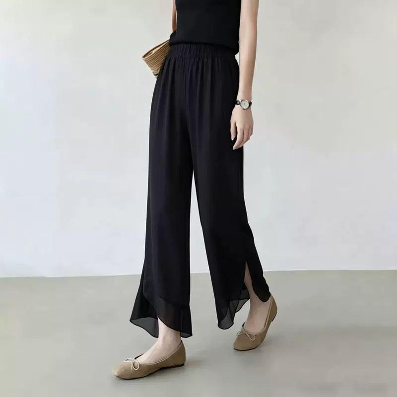 Women Elastic Waist Chiffon Flared Cropped Pants Split Ruffle Hem Sheer Wide Leg Capri Trousers Lightweight Summer Office Casual Flow Pants