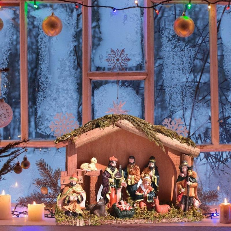 Permanent Religious Birth Manger Display With Oaken Stable And Rosin Figures
