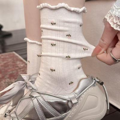 Spring 2026 Floral Mesh Breathable Cotton Socks for Women - Japanese Style, Seamless with Bubble Cuff, Mid-High Tube