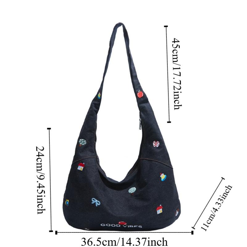 Sweet Women's Denim Shoulder Bag Large Capacity Messenger Bag Cute Embroidered Tote Bag  Outdoor