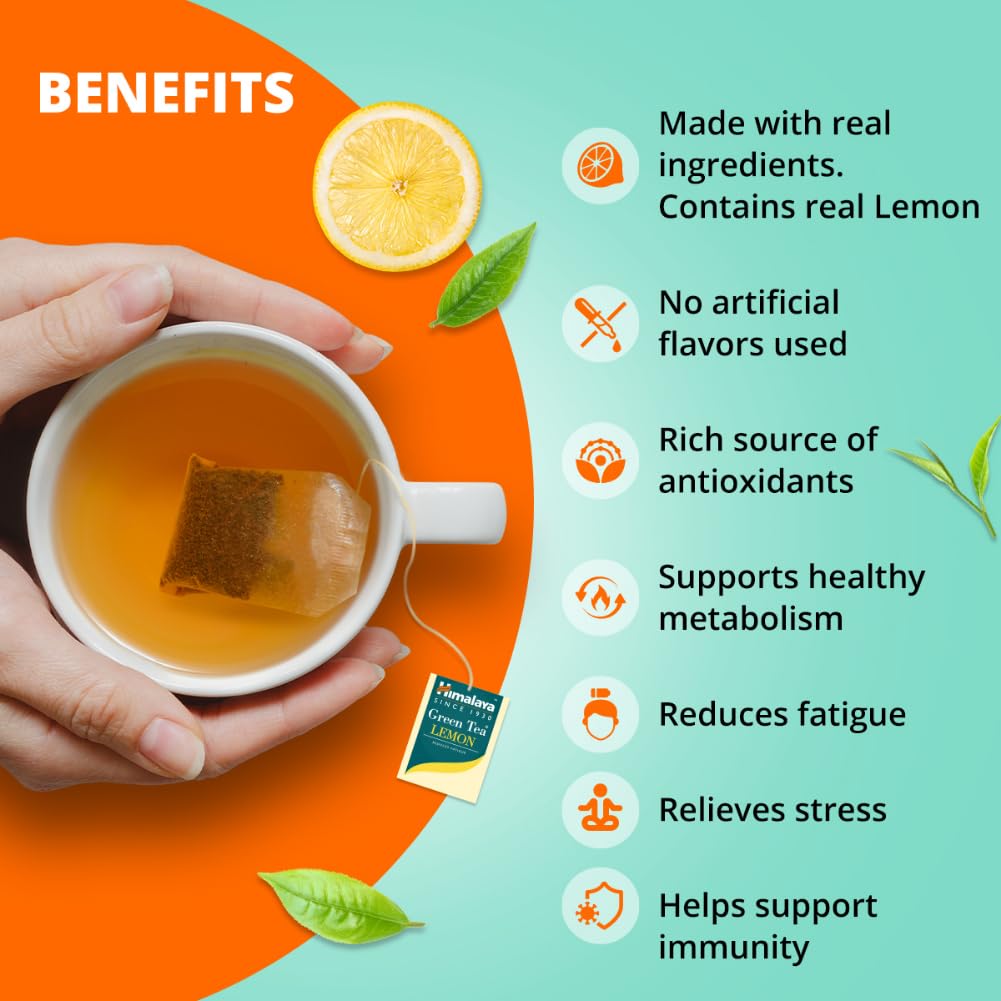 Himalaya Green Tea Lemon Tea Bags 20 Count Pack of 1 Herbal Refreshing Daily Wellness Citrus Beverage Drink Hot Brew