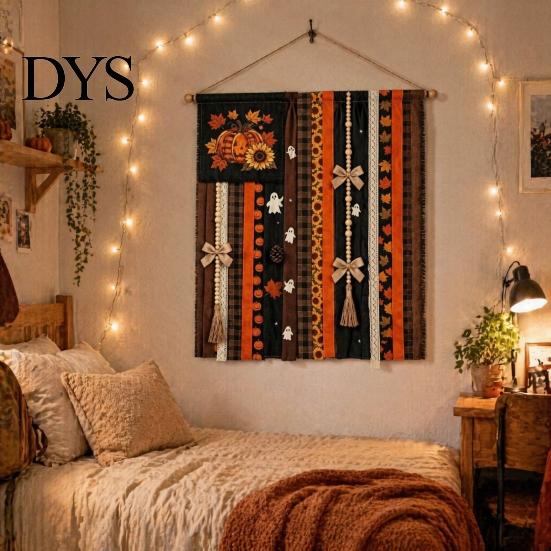 Seasonal Festival Gift Halloween Rag Banner, Orange Black Skull Ghost Pumpkin Hanging Decoration, Rustic Theme Banner Fabric Stripe for Front
